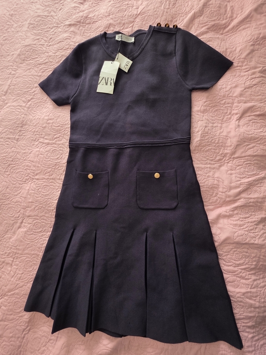 Zara Dresses & Skirts - Zara Girls Navy Short-Sleeve Pocket Dress with Gold Buttons